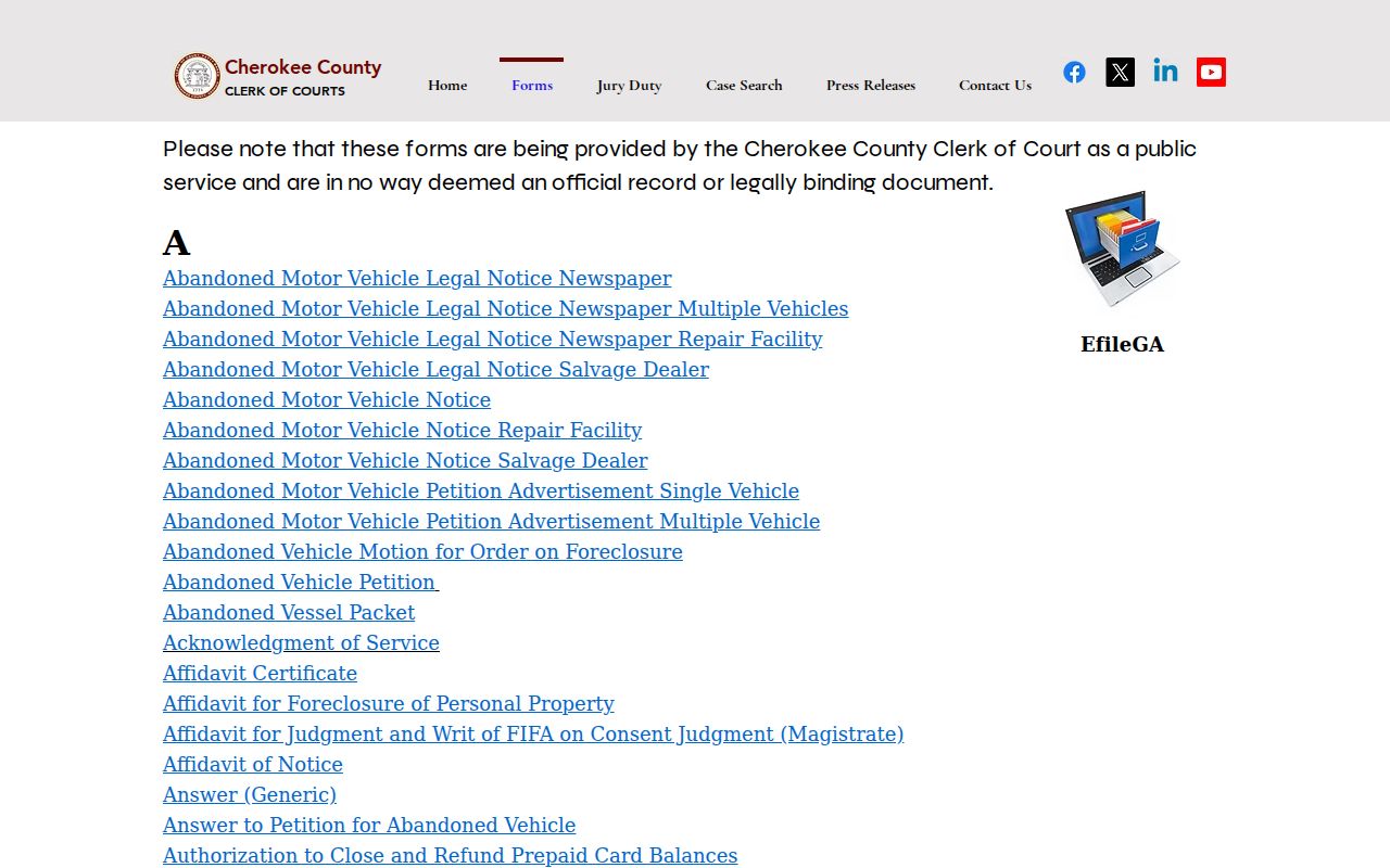 Cherokee County civil court docket Clerk forms index
