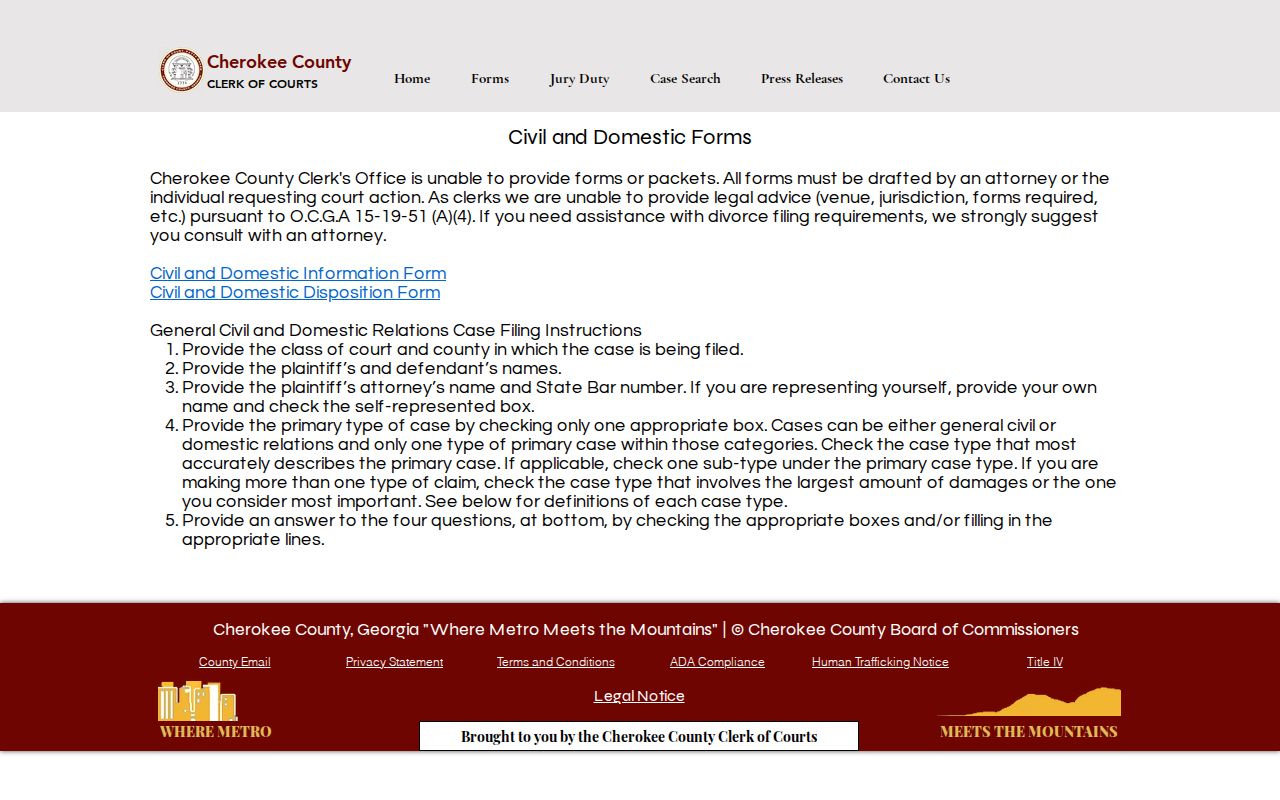 Cherokee County civil court docket filing information form