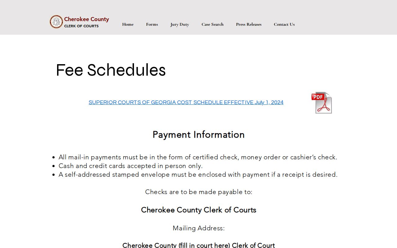 Cherokee County court records official Clerk fee schedule
