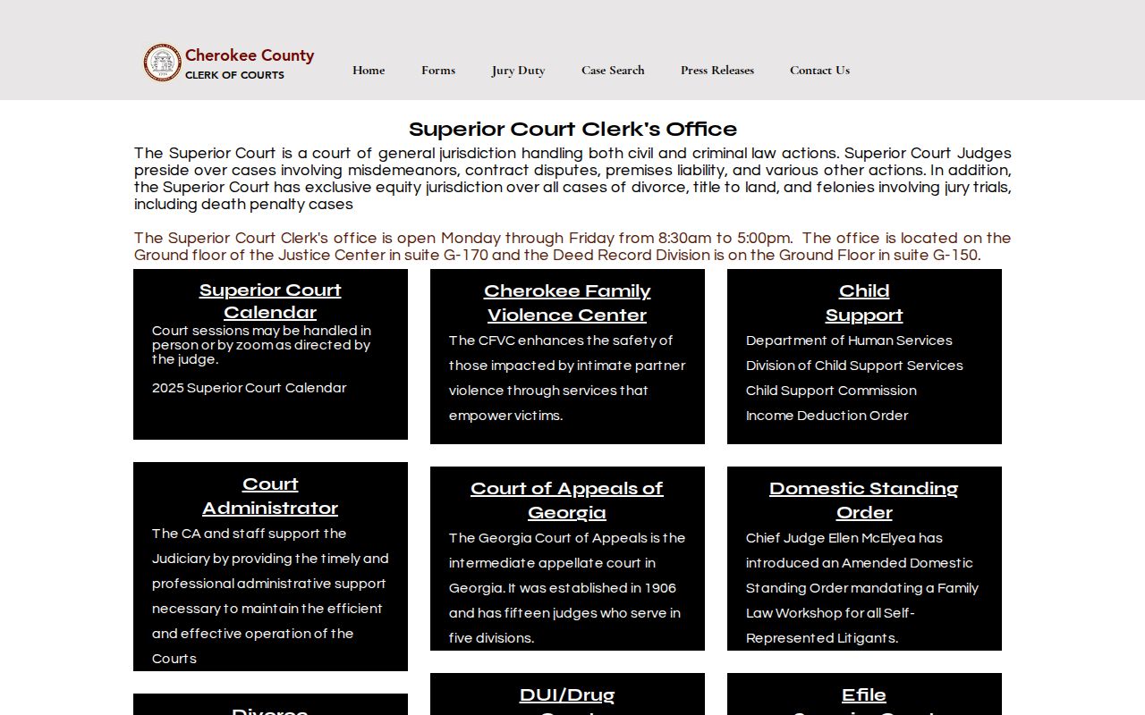 Cherokee County criminal docket Superior Court felony jurisdiction