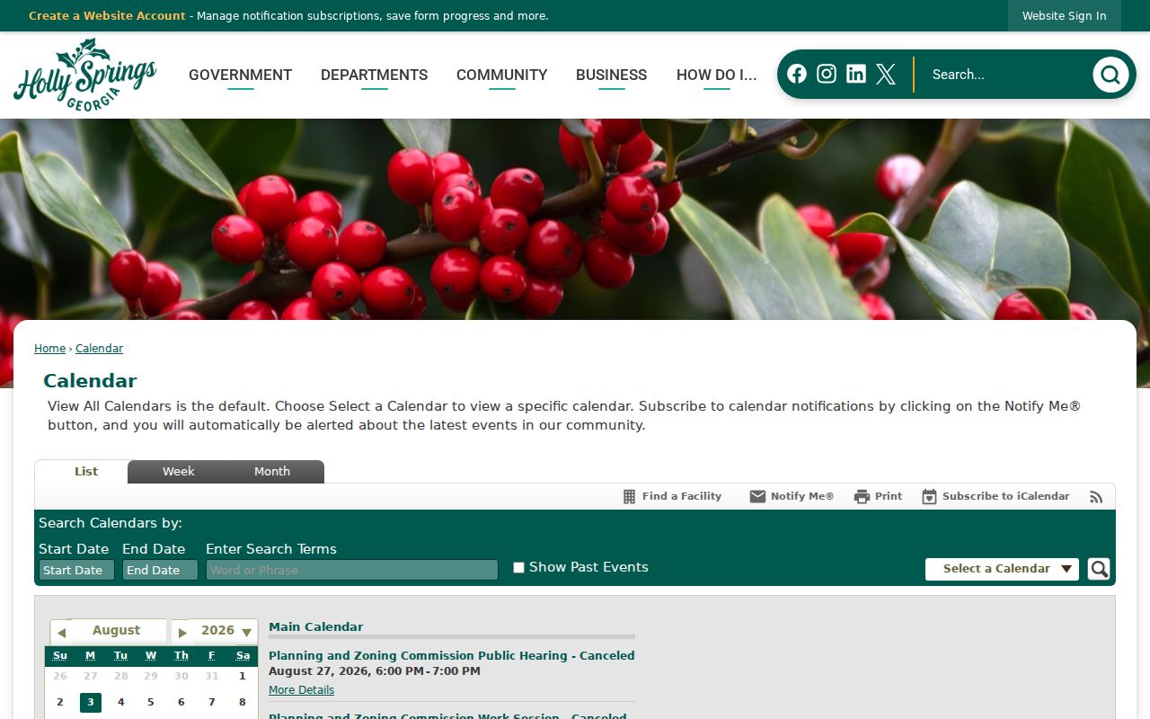 Holly Springs Cherokee County court records municipal court calendar filters