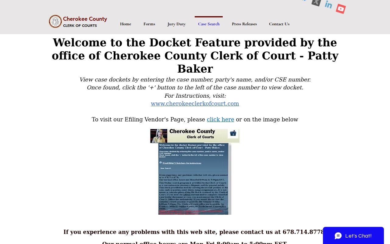 Cherokee County court docket public Docket Feature search