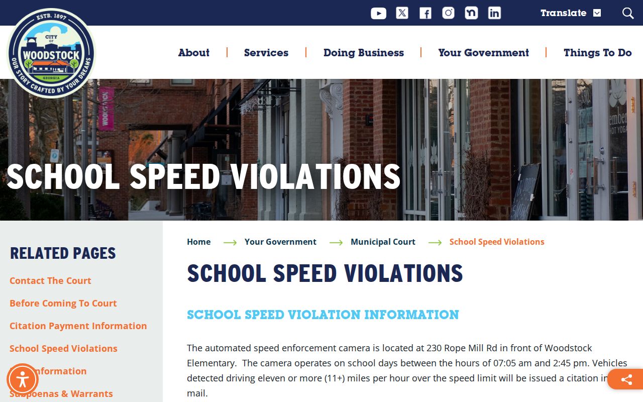 Woodstock Cherokee County court records school-speed citation notice