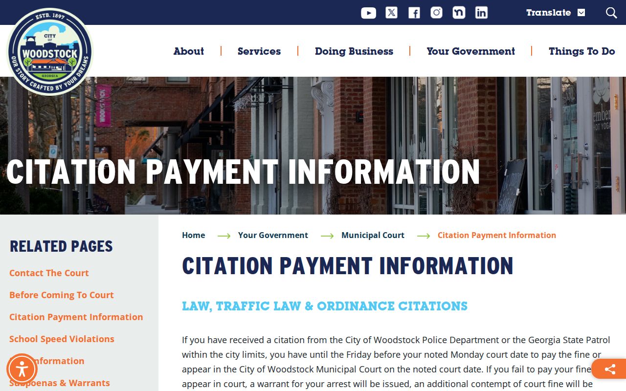Woodstock Cherokee County court records JusticeONE citation payment route